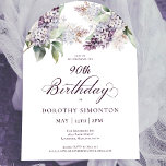 90th Birthday Purple Spring Lilac Flower Arch Invitation<br><div class="desc">Soft watercolor purple lilacs create a pretty springtime 90th birthday invitation. The calligraphy adds an elegant aesthetic. This 100th birthday invitation is available in both traditional cardstock and a downloadable version. It is part of the Purple Spring Lilac Flower collection. It lets you choose a theme and then easily create...</div>