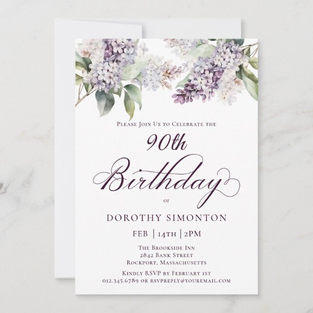 90th Birthday Purple Spring Lilac Flower Invitation (Front)