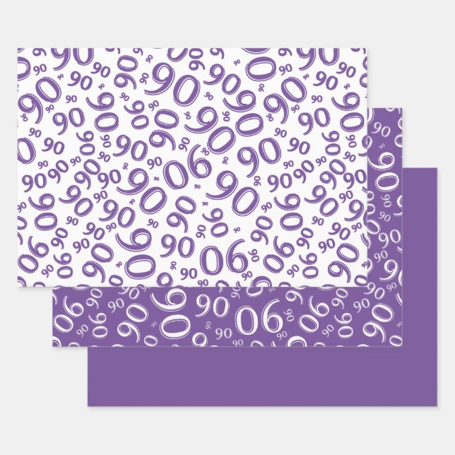 90th Birthday Purple & White Random Number Pattern Wrapping Paper Sheet (Set)
