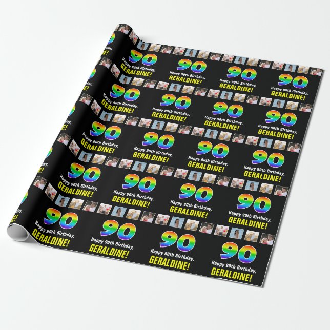 90th Birthday: Rainbow “90“; Custom Photos & Name Wrapping Paper (Unrolled)