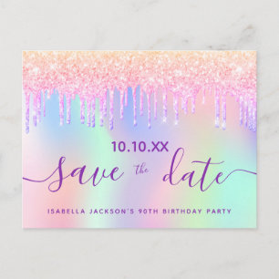 90th birthday rainbow glitter pink save the date postcard