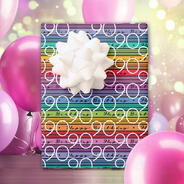90th Birthday Rainbow Stripes Wrapping Paper Sheet (Creator Uploaded)