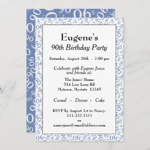 90th Birthday Random Number Pattern Blue/White Invitation