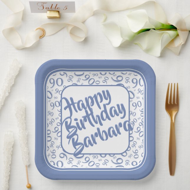 90th Birthday Random Number Pattern Blue White Paper Plate (Wedding)