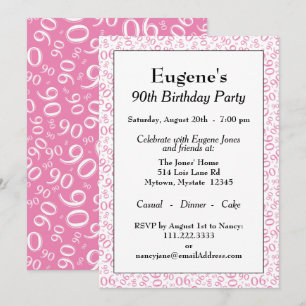 90th Birthday Random Number Pattern Pink/White Invitation