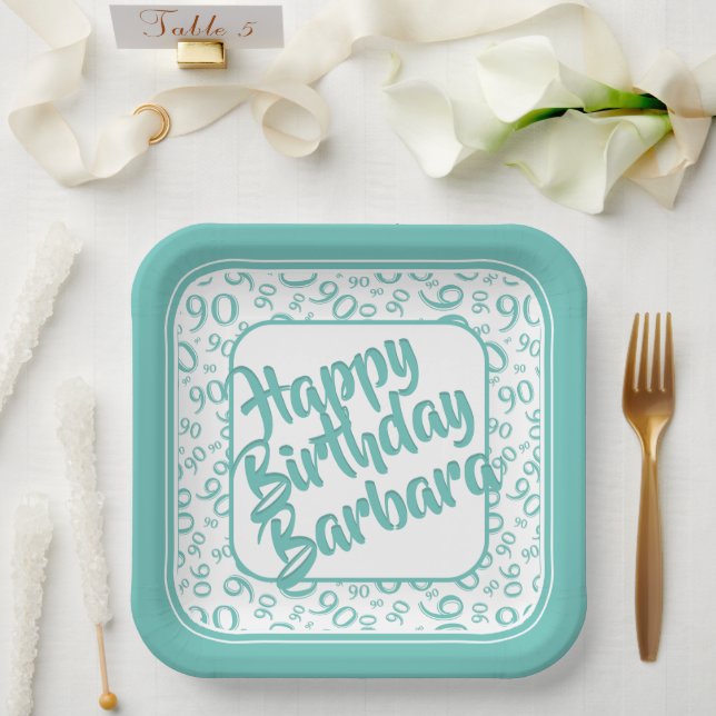 90th Birthday Random Number Pattern Teal White Paper Plate (Wedding)