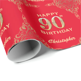 90th Birthday Red and Gold Glitter Frame Wrapping Paper