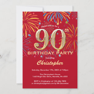 90th Birthday Red and Gold Rainbow Fireworks Invitation