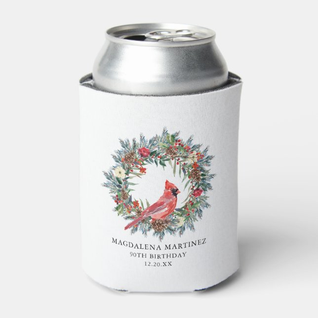 90th Birthday Red Cardinal Party Supplies Can Cooler (Can Front)