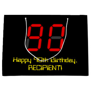 90th Birthday: Red Digital Clock Style "90" + Name Large Gift Bag