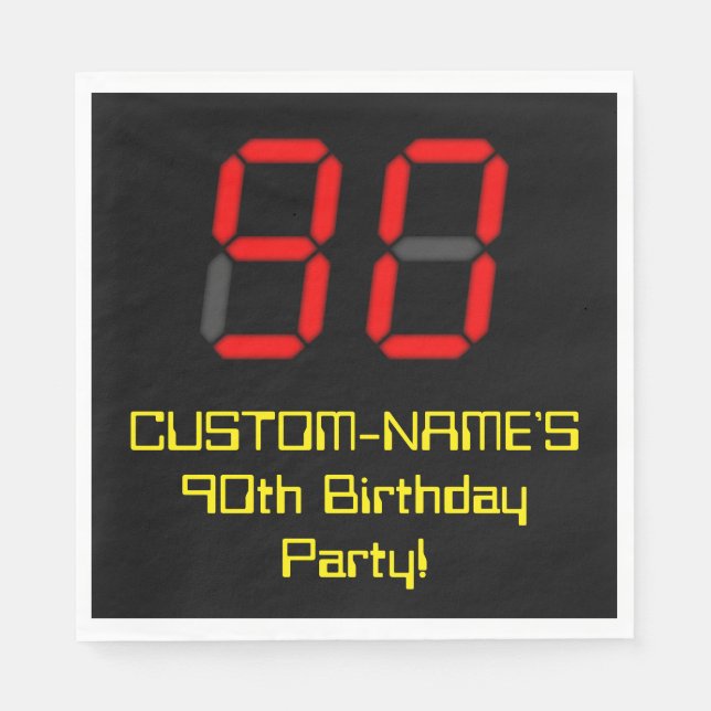 90th Birthday: Red Digital Clock Style "90" + Name Napkin (Front)