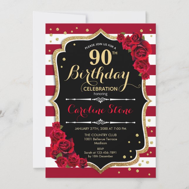 90th Birthday - Red Gold Black White Stripes Roses Invitation (Front)