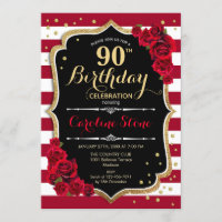 90th Birthday - Red Gold Black White Stripes Roses