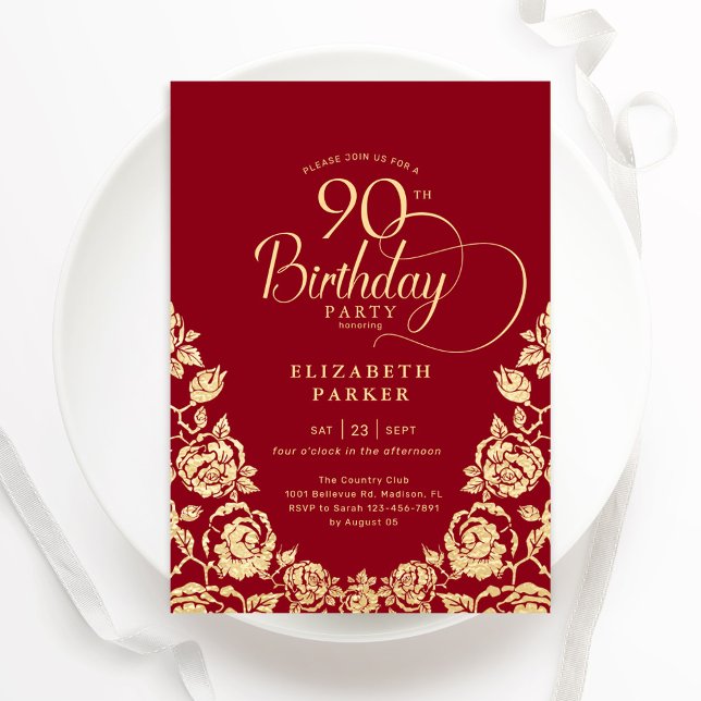 90th Birthday Red Gold Roses Invitation (Creator Uploaded)