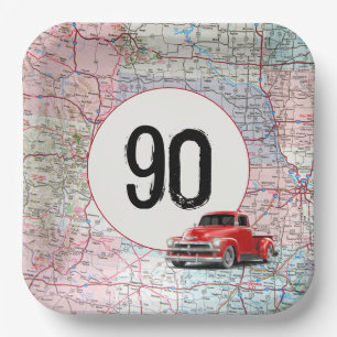 90th Birthday Red Retro Truck on Road Map Paper Plate