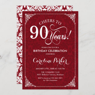 90th Birthday - Red White Damask Invitation