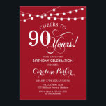 90th Birthday - Red White Invitation<br><div class="desc">90th Birthday Invitation.
Simple red white design with fairy string lights and script font. Cheers to 90 years. Can be personalized into any age! Message me if you need further customization.</div>