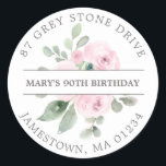 90th Birthday Return Address Label<br><div class="desc">Add a special touch to your birthday invitation envelopes with this elegant round design. It features a bouquet of blush pink roses in the centre. Sage green eucalyptus leaves give it a rustic botanical vibe. The name is written across the centre on a white strip, and the address is added...</div>