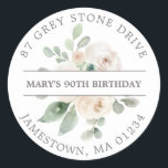 90TH Birthday Return Address Label<br><div class="desc">Add a special touch to your birthday invitation envelopes with this elegant round design. It features a bouquet of ivory white roses in the centre. Sage green leaves give it a rustic botanical vibe. The name is written across the centre on a white strip, and the address is added in...</div>