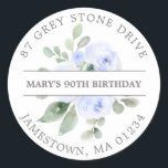 90th Birthday Return Address Label<br><div class="desc">Add a special touch to your birthday invitation envelopes with this elegant round design. It features a bouquet of dusty blue roses in the centre. Sage green leaves give it a rustic botanical vibe. The name is written across the centre on a white strip, and the address is added in...</div>