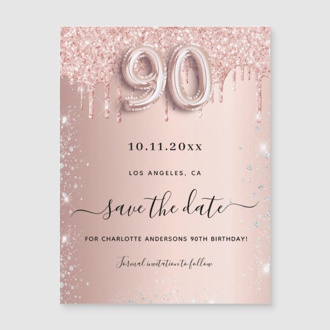 90th birthday rose glitter save the date magnet (Front)