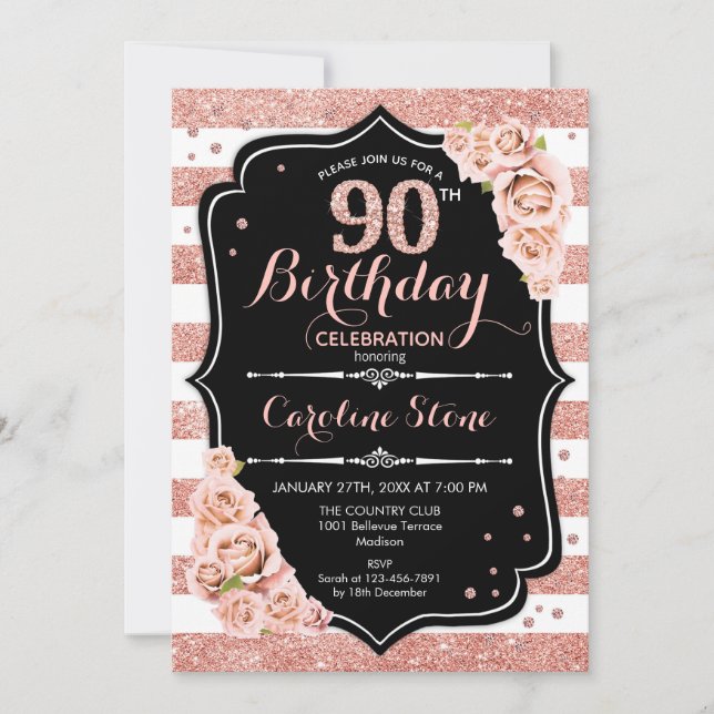 90th Birthday - Rose Gold and White Stripes Invitation (Front)