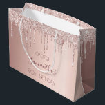 90th birthday rose gold blush glitter drips large gift bag<br><div class="desc">A gift bag for a feminine and glamourous 90th birthday.  A faux rose gold background with an elegant faux rose gold glitter drips,  paint drip look. The text: The name is written in dark rose gold with a modern hand lettered style script. Tempate for a date and age 90.</div>