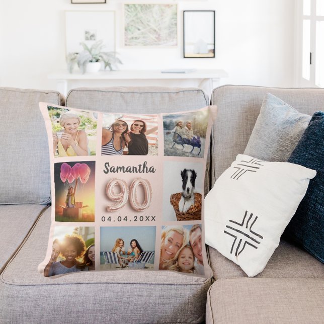 90th birthday rose gold blush pink photo collage cushion (Creator Uploaded)