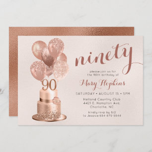 90th Birthday Rose Gold Cake Invitation