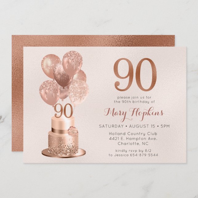 90th Birthday Rose Gold Cake Invitation (Front/Back)