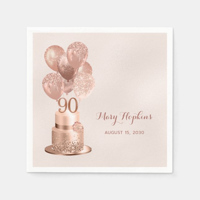90th Birthday Rose Gold Cake Napkin (Front)