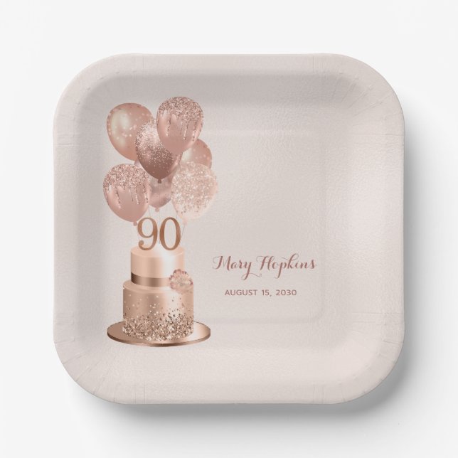 90th Birthday Rose Gold Cake Paper Plate (Front)