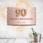 90th birthday rose gold diamonds balloon script banner<br><div class="desc">Elegant, classic, glamourous and girly for a 90th birthday party. Rose gold and blush pink, gradient background. Decorated with rose gold faux diamonds. Personalise and add a name. With the text: Happy Birthday. The name is written with a modern dark rose coloured hand lettered style script. Number 90 is written...</div>