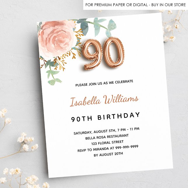 90th birthday rose gold floral budget invitation (Creator Uploaded)