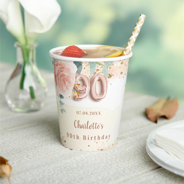 90th birthday rose gold floral glitter golden name paper cups (Insitu)
