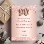 90th birthday rose gold glitter drips pink glam invitation<br><div class="desc">A modern, stylish and glamourous invitation for a 90th birthday party. A faux rose gold metallic looking background with an elegant faux rose gold glitter drip, paint drip look. The name is written with a modern dark rose gold coloured hand lettered style script. Personalise and add your party details. Number...</div>