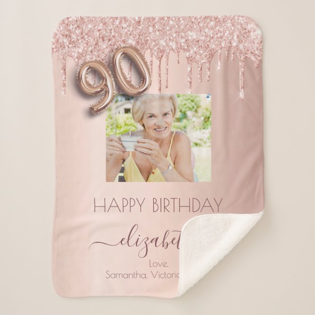 90th birthday rose gold glitter grandkids photo sherpa blanket (Front)