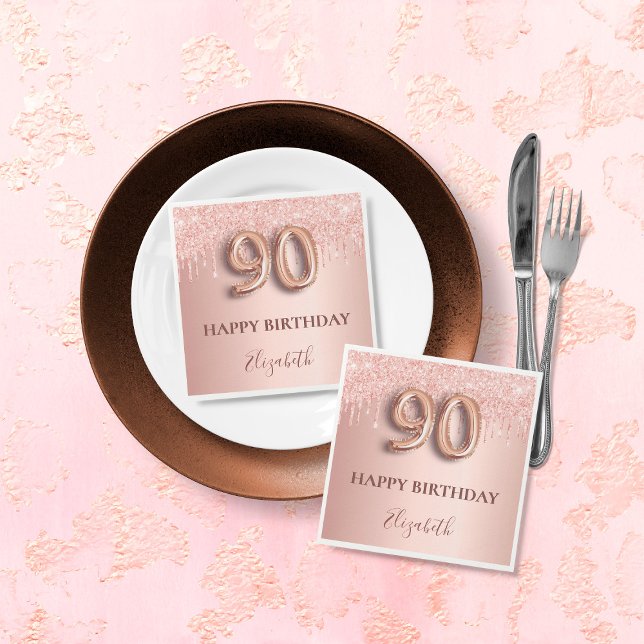 90th birthday rose gold glitter pink balloon style napkin (Creator Uploaded)