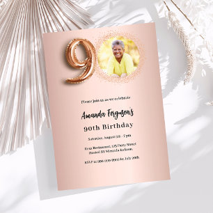 90th Birthday rose gold photo Invitation