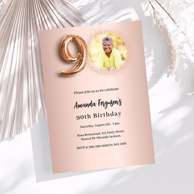 90th Birthday rose gold photo Invitation (Creator Uploaded)