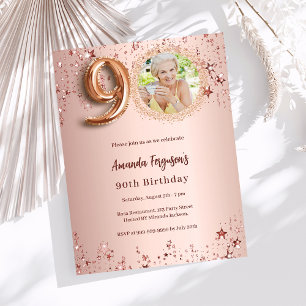 90th Birthday rose gold photo stars invitation