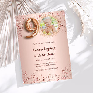 90th Birthday rose gold photo stars luxury Invitation