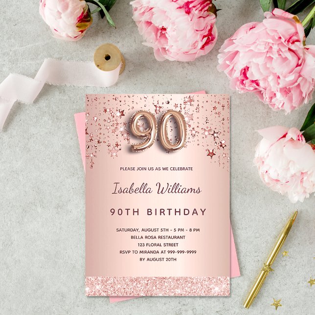 90th birthday rose gold pink stars balloon script postcard (Creator Uploaded)