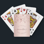 90th birthday rose gold pink stars playing cards<br><div class="desc">Girly and trendy playing cards for a 90th birthday party. A feminine pink, rose gold background decorated with rose gold coloured stars. Personalise and add a date and name/age 90. Curved text and dark rose gold coloured letters. The name is written with a modern hand lettered style script with swashes....</div>