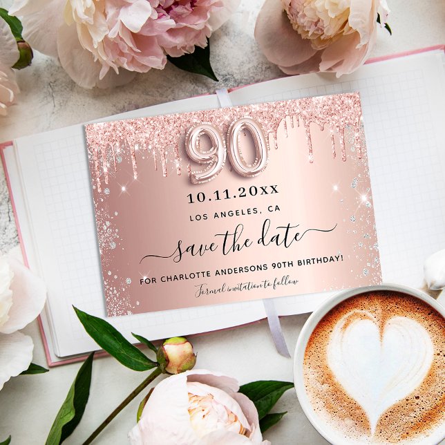 90th birthday rose gold silver save the date announcement postcard (Creator Uploaded)