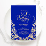 90th Birthday Royal Blue Gold Roses Invitation<br><div class="desc">Royal blue gold elegant 90th birthday party invitation. Classy design featuring roses,  faux gold foil and typography script font. Trendy invite card perfect for a stylish female bday celebration. Personalise with your own details. Can be customised to any age. Printed Zazzle invitations or instant download digital printable template.</div>