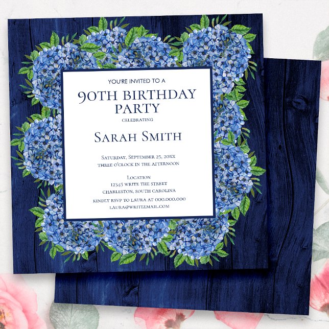 90th Birthday Rustic Wood Blue Hydrangeas Party Invitation (Creator Uploaded)