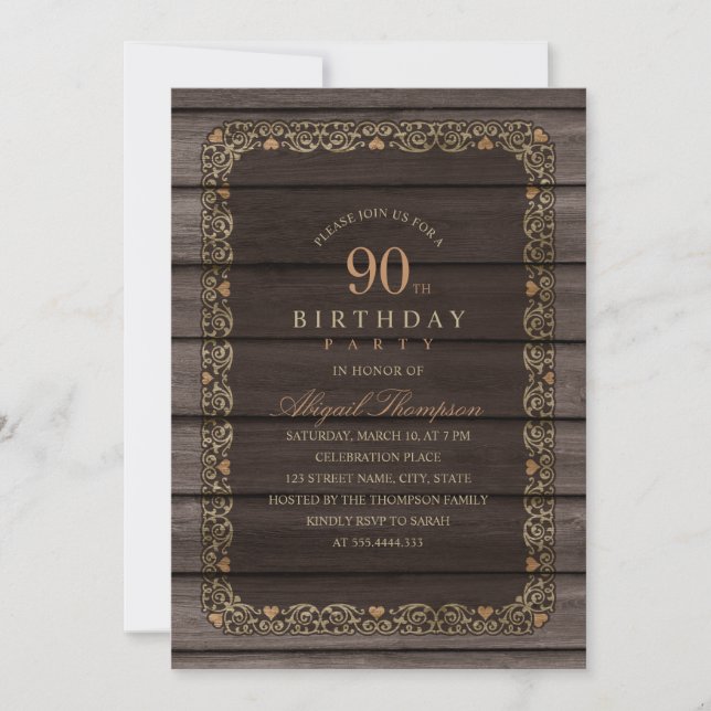 90th Birthday Rustic Wood Fancy Country Party Invitation (Front)