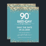90th Birthday Save the Date Budget Invitation<br><div class="desc">Elegant Faux gold glitter with shimmering confetti highlights on the top and bottom border. All text is adjustable and easy to change for your own party needs. Great elegant 90th birthday template design.</div>