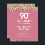 90th Birthday Save the Date Budget Invitation<br><div class="desc">Elegant Faux gold glitter with shimmering confetti highlights on the top and bottom border. All text is adjustable and easy to change for your own party needs. Great elegant 90th birthday template design.</div>